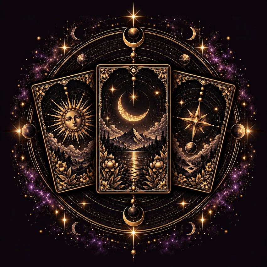 Three golden celestial tarot cards within an ornate star chart